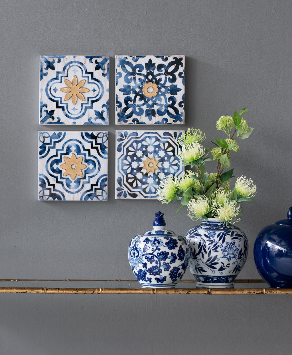 Abstract Wall Decor Accents Set with Fir Wood Frame - White / Blue
