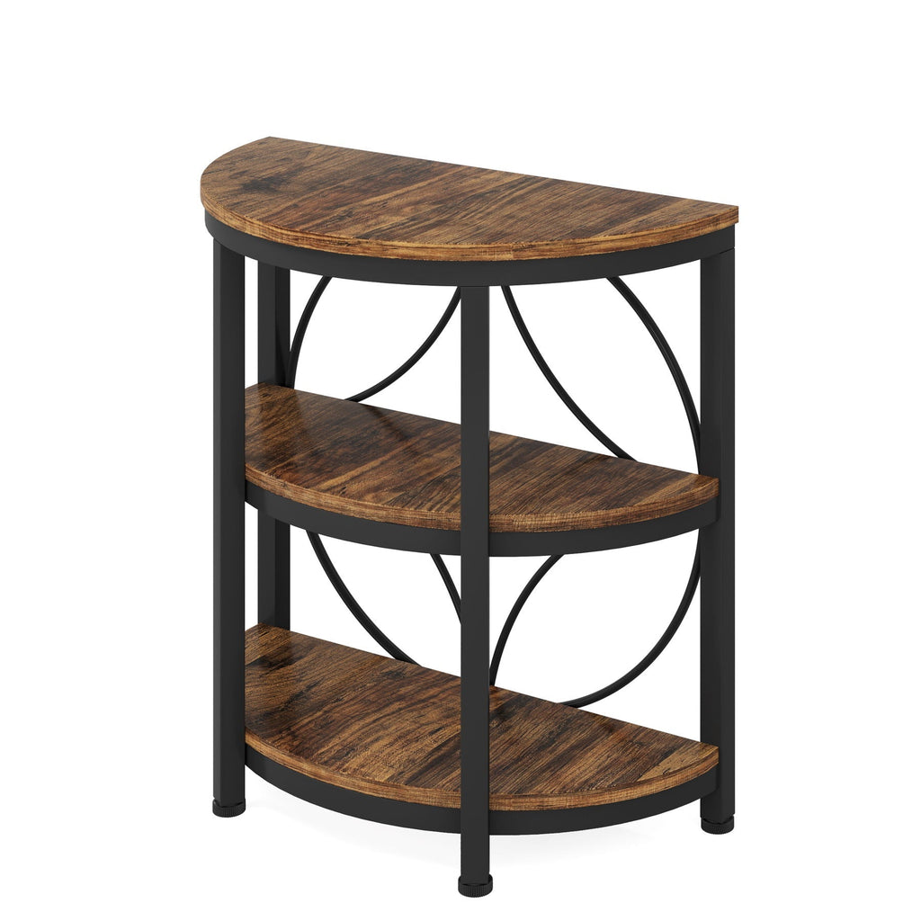 3 Tier Half Moon End Table with Space-Saving Semi Circle Design - Deep Rustic Brown