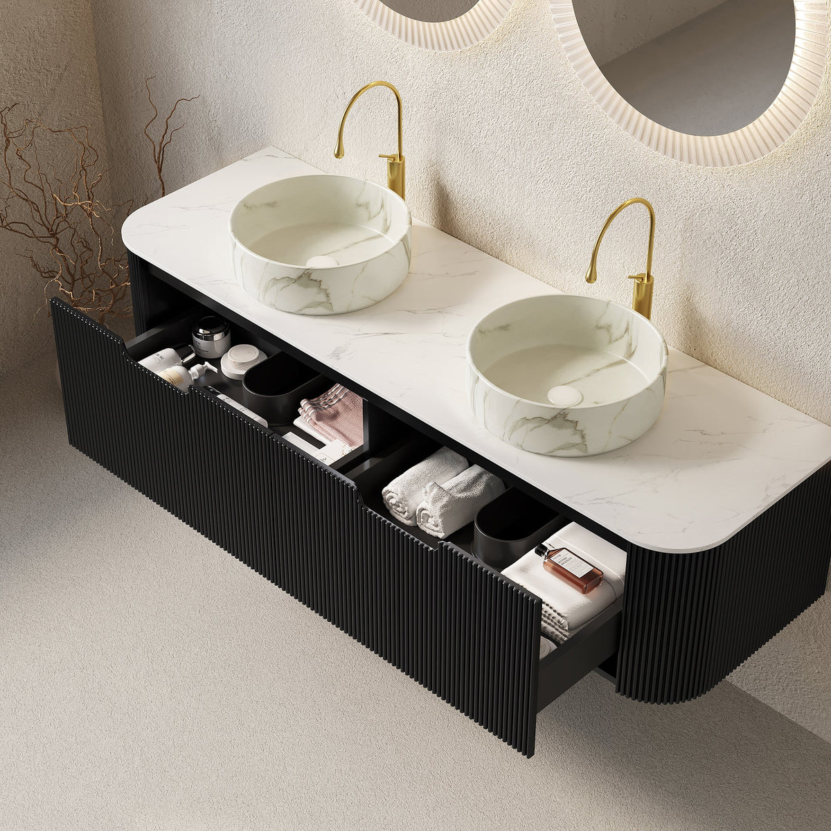 Dina 60" Bathroom Vanity with Sinks and Storage - Black, Carrara White, Stone White or Natural Wood, White