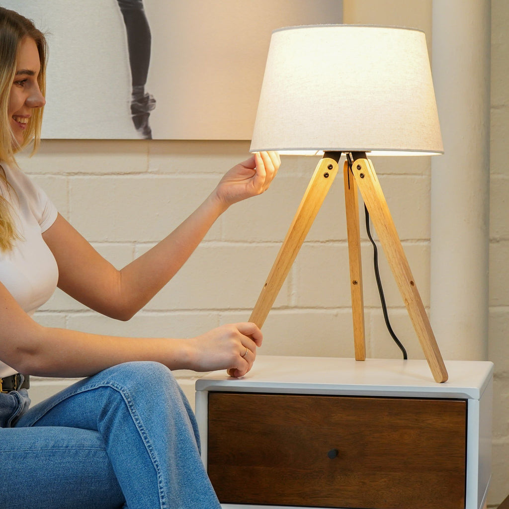 Decorative LED Desk Lamp with 3-Legged Solid Wood Base - Natural