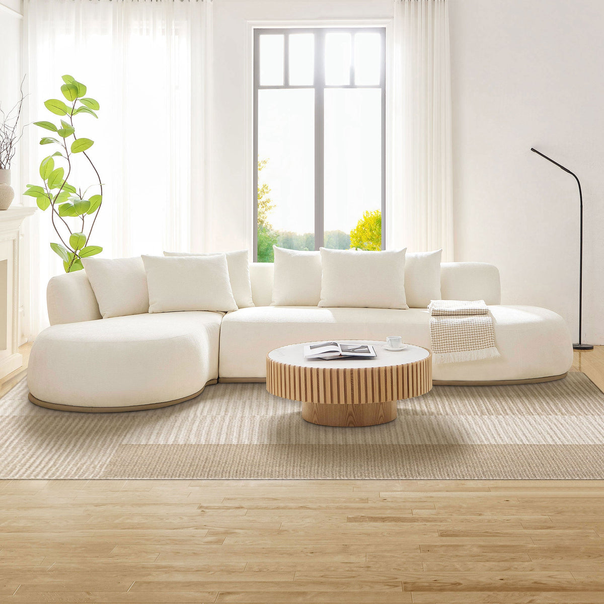 Oversized L-Shape Sectional Sofa with Ottoman with Spacious Seating - Beige