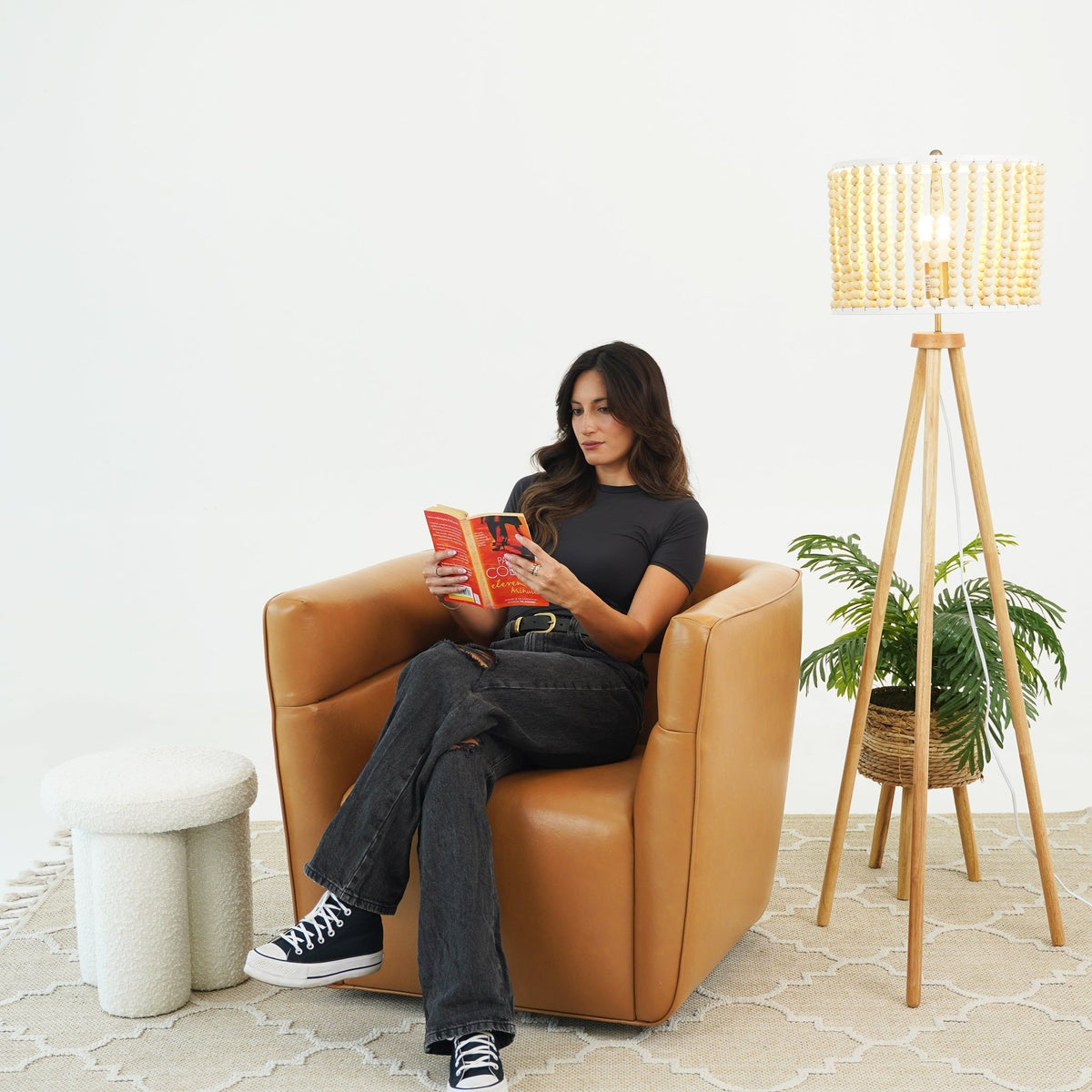 Tan Genuine Leather Swivel Chair with Adjustable Headrest