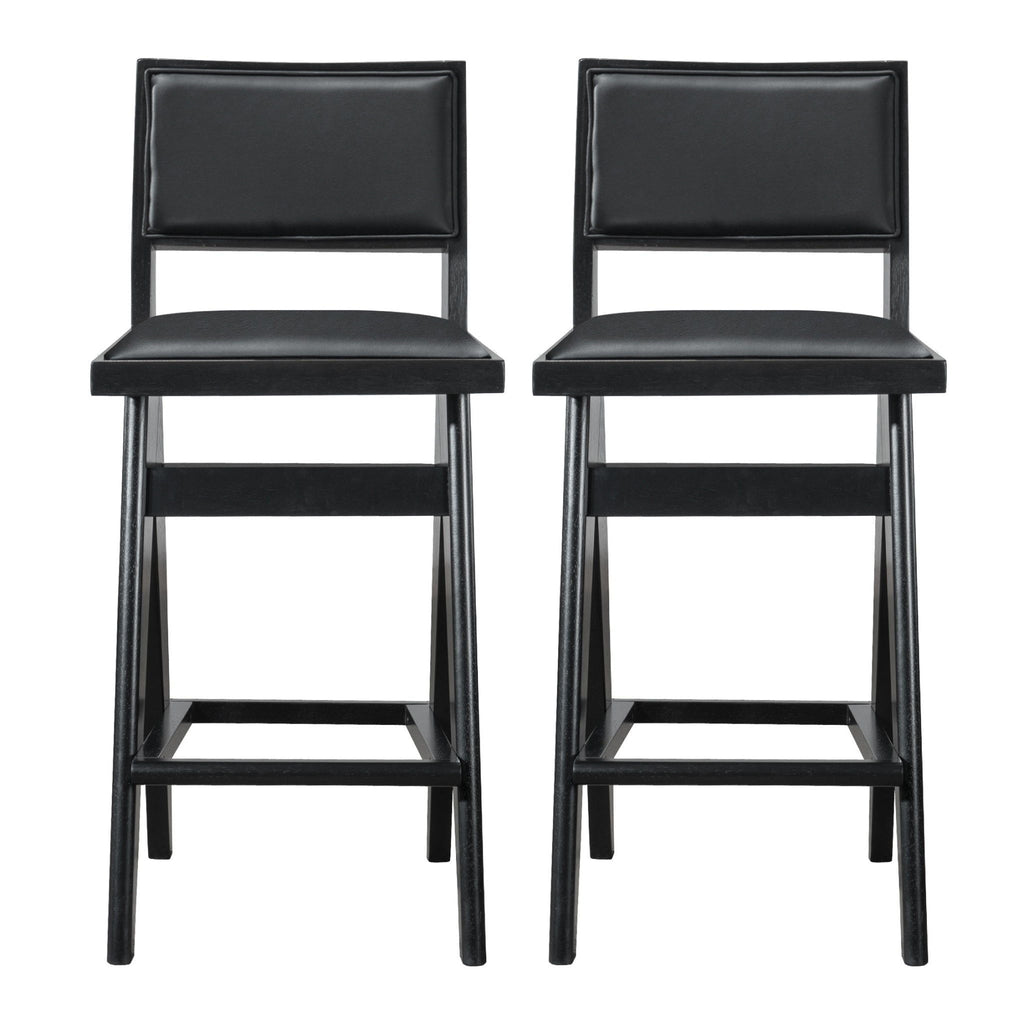 Black Bar Stools Set of 2 with Full Back Support - PU Leather