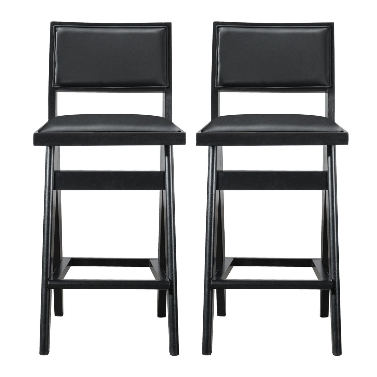 Black Bar Stools Set of 2 with Full Back Support - PU Leather