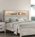 Queen Size Bed with Headboard Shelves and Light - White Wash Finish