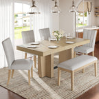 Farmhouse Extendable Wood Dining Table Set for 6 with Upholstered Seating - Natural Wood