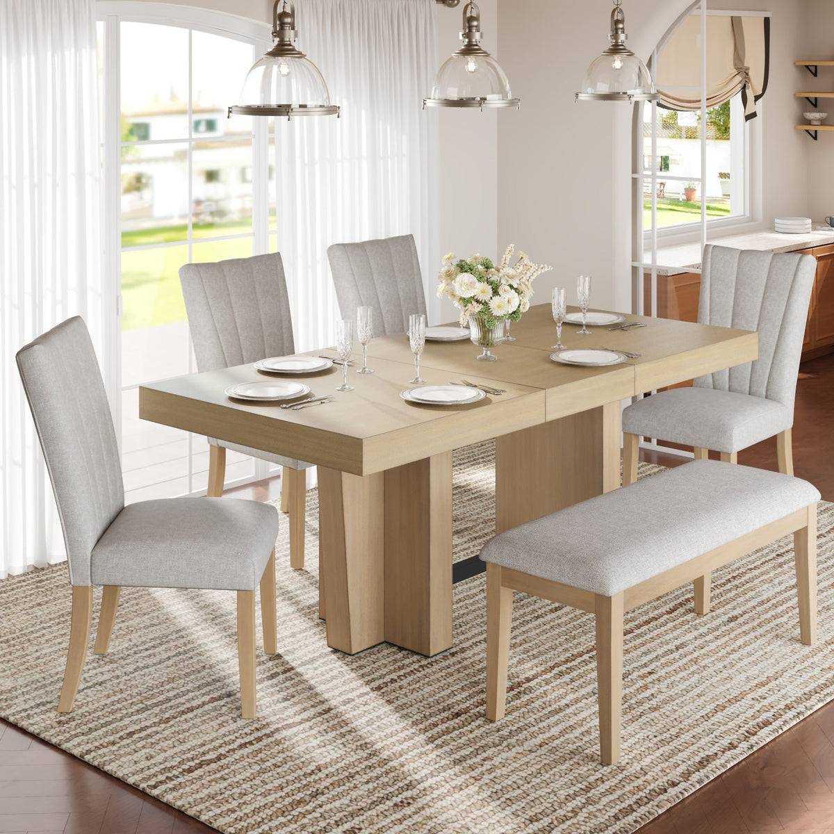 Farmhouse Extendable Wood Dining Table Set for 6 with Upholstered Seating - Natural Wood