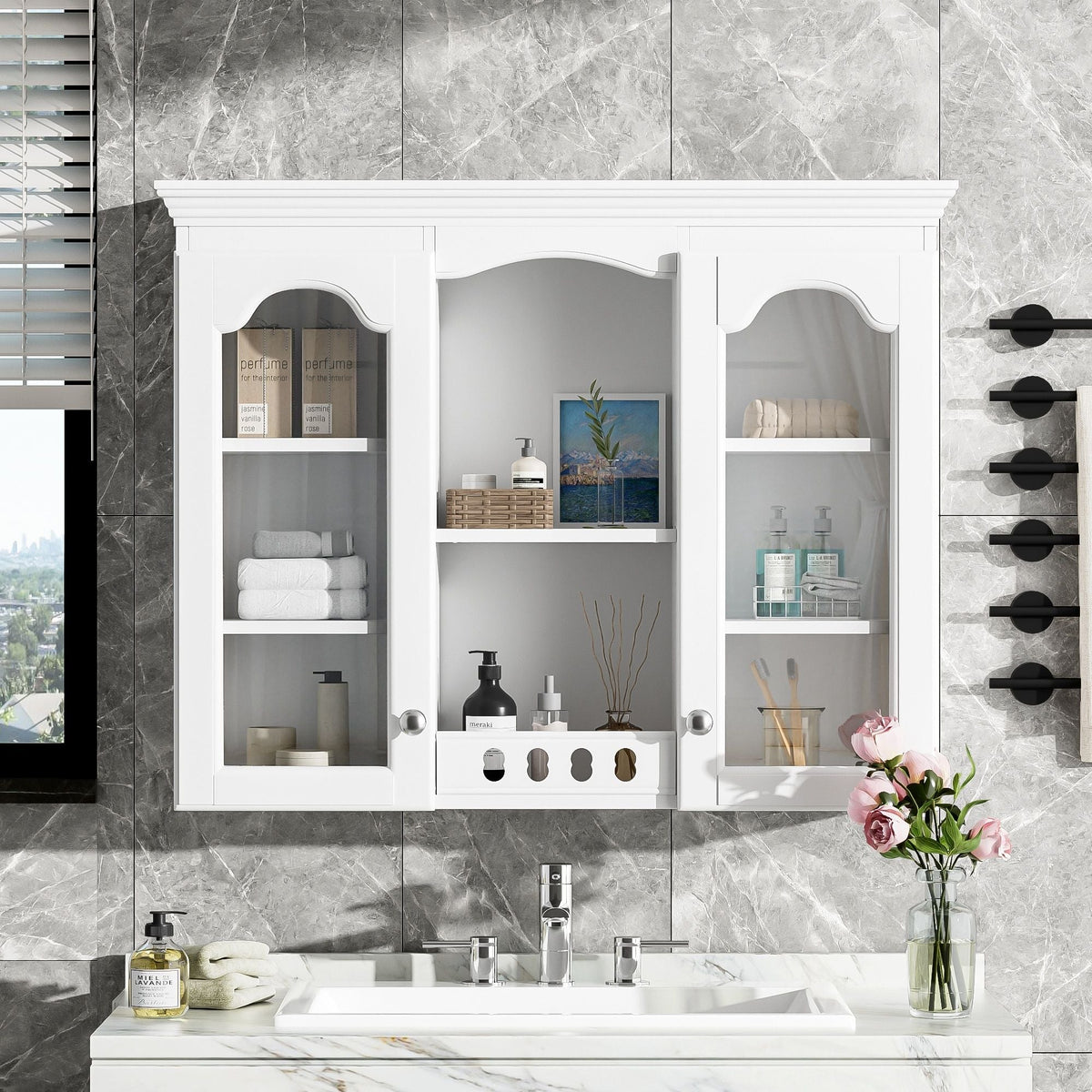 Wall-Mounted Medicine Cabinet with 2 Glass Doors and Adjustable Shelves - White