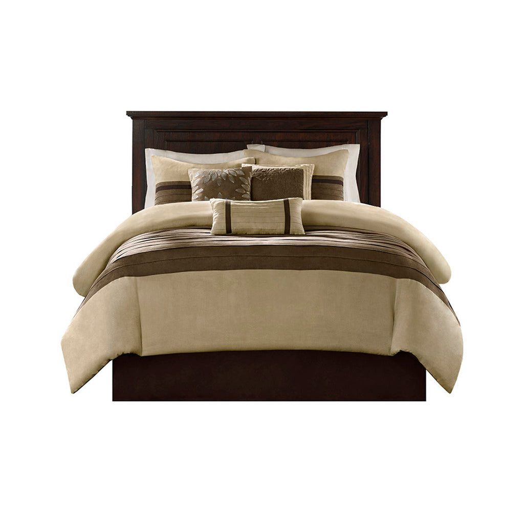 7 Piece Faux Suede Queen Comforter Set with Embroidered Pillows - Natural