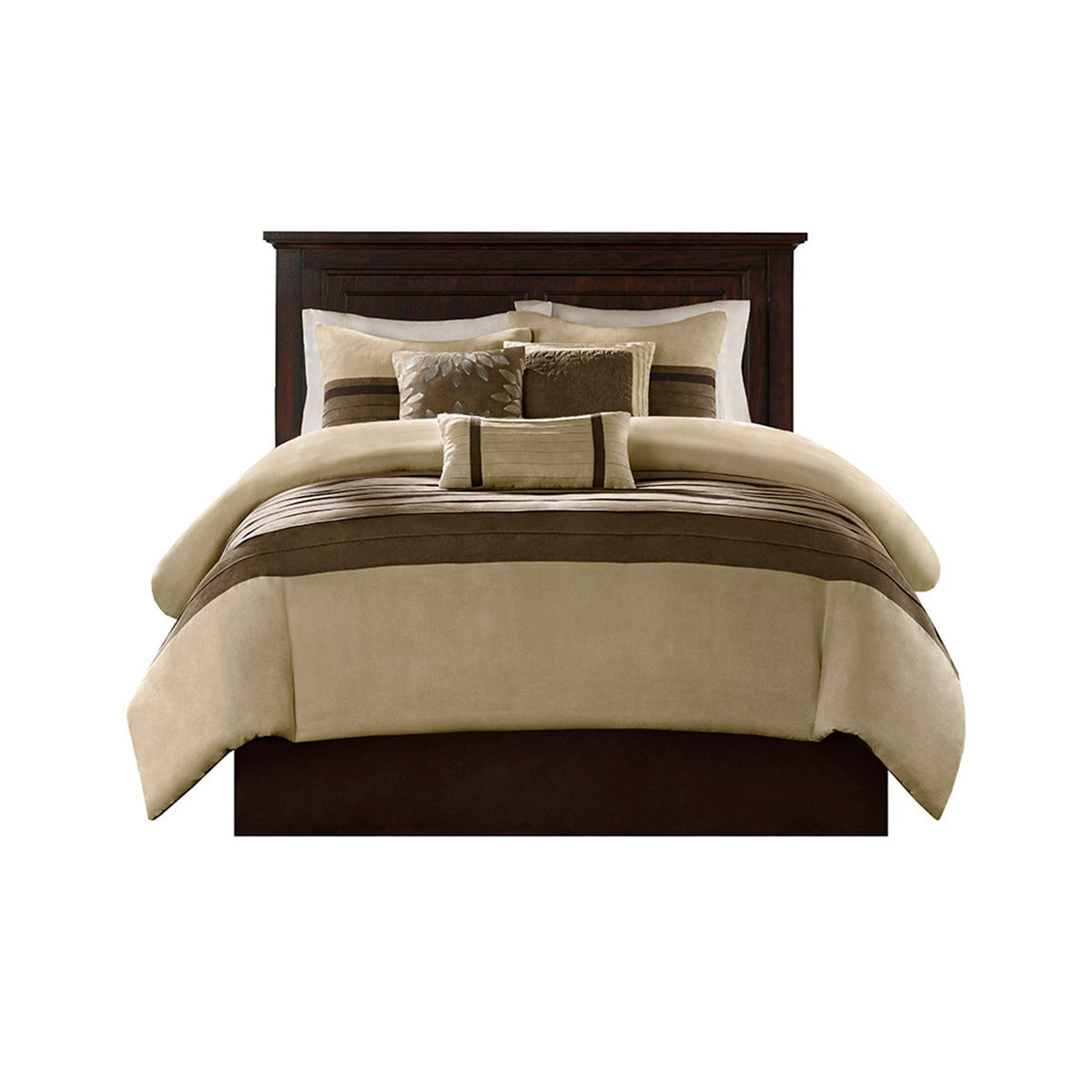7 Piece Faux Suede Queen Comforter Set with Embroidered Pillows - Natural