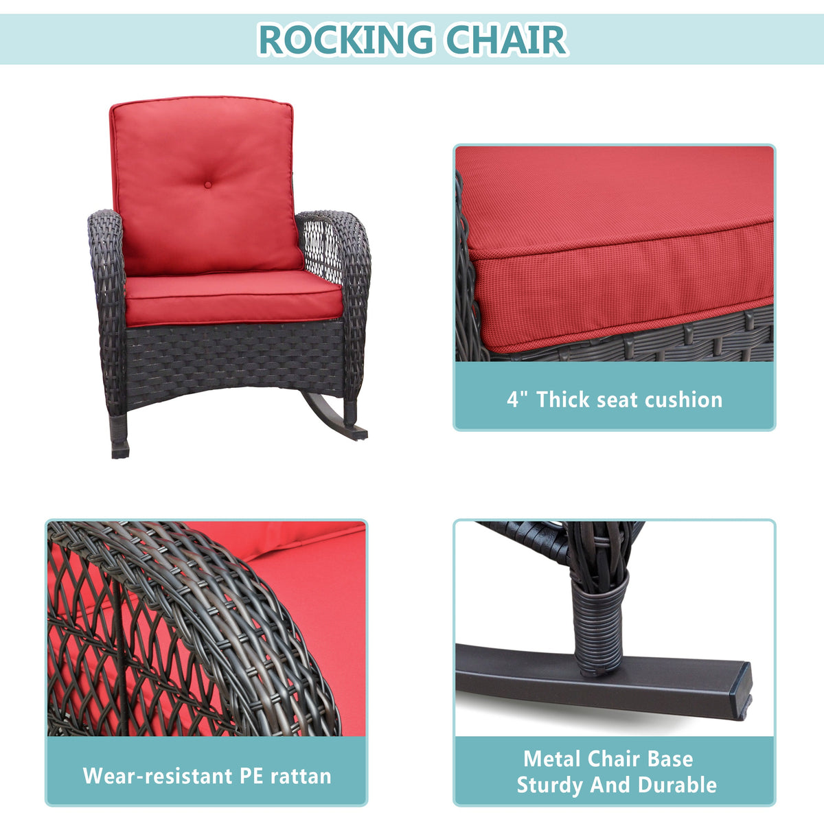 Outdoor Wicker Rocker Patio Bistro Set with Glass Top Table - Red
