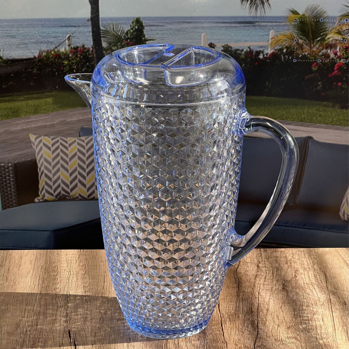 Diamond Cut Unbreakable Plastic Water Pitcher with Lid - Blue or Pink