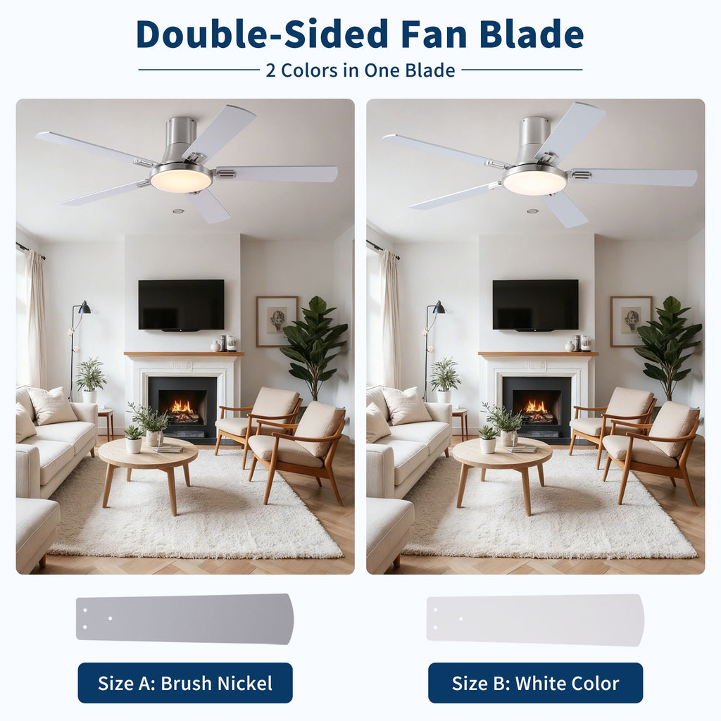 Flush Mount Ceiling Fan with LED Light and Remote Control - Black, White, Pearl Silver