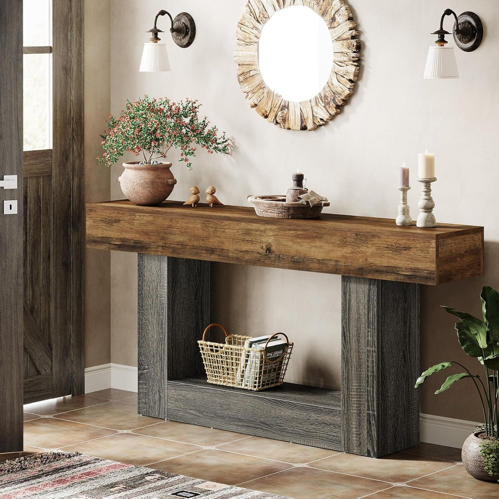 Console Table with 2 Tier Storage and U-Shaped Base - Light Brown or Dark Brown