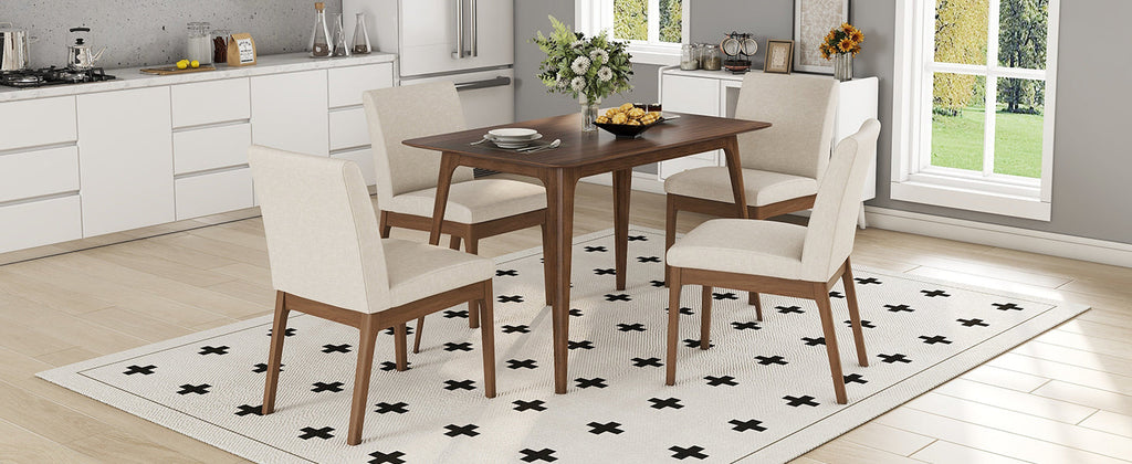 5-Piece Dining Table Set with Upholstered Chairs - Light Beige/Walnut
