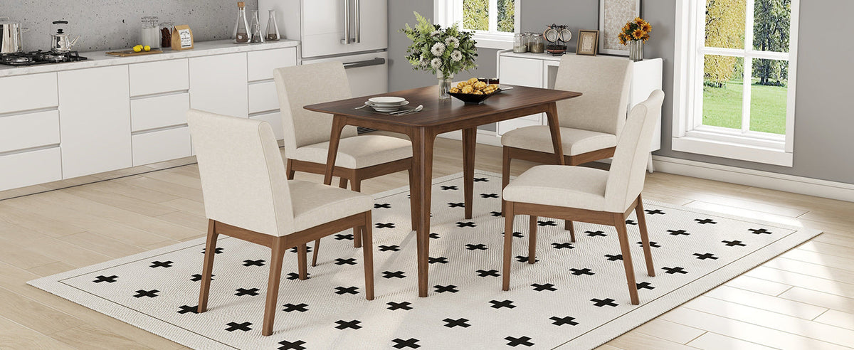 5-Piece Dining Table Set with Upholstered Chairs - Light Beige/Walnut