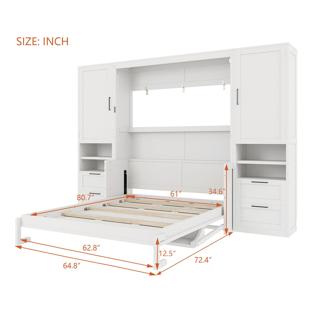 Queen Size Murphy Bed with Closet, Drawers and Shelves - White