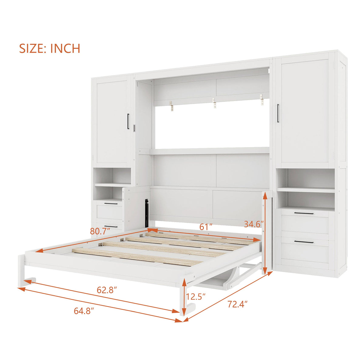 Queen Size Murphy Bed with Closet, Drawers and Shelves - White