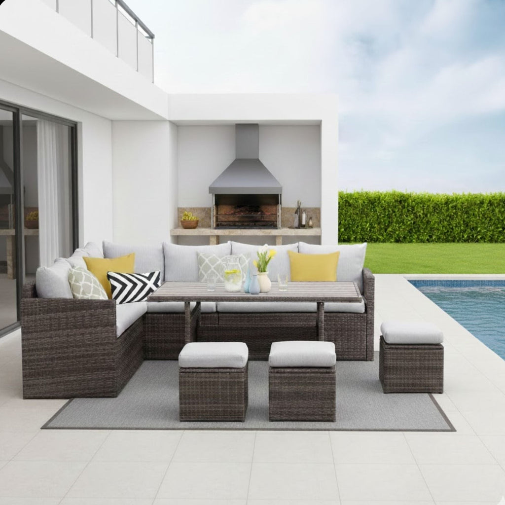 7 Piece Outdoor Dining Set with Cushions, Modular Sectional Sofa and Table - Gray or Beige