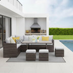 7 Piece Outdoor Dining Set with Cushions, Modular Sectional Sofa and Table - Gray or Beige
