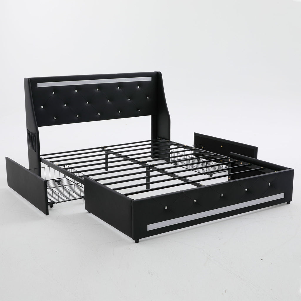Wingback Upholstered Bed Frame with LED Lights and Charging Station - Black or White