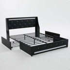 Wingback Upholstered Bed Frame with LED Lights and Charging Station - Black or White