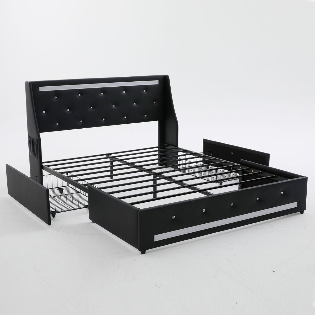 Wingback Upholstered Bed Frame with LED Lights and Charging Station - Black or White