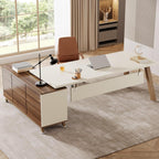 L-Shaped Executive Desk with File Cabinet and Drawers - White/Walnut