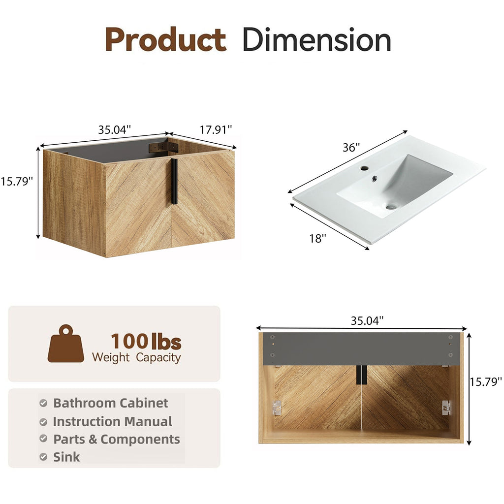 36 Inch Wall-Mounted Bathroom Vanity with 3D Fluted Panel & Ceramic Sink - Golden Oak