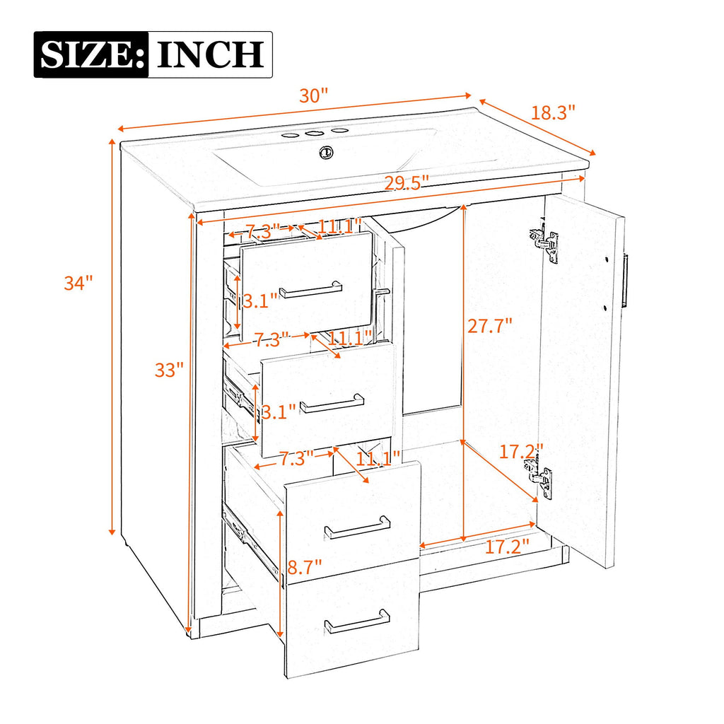 Ceramic Sink Vanity Combo with 3 Drawers and Soft Closing Doors - 30"