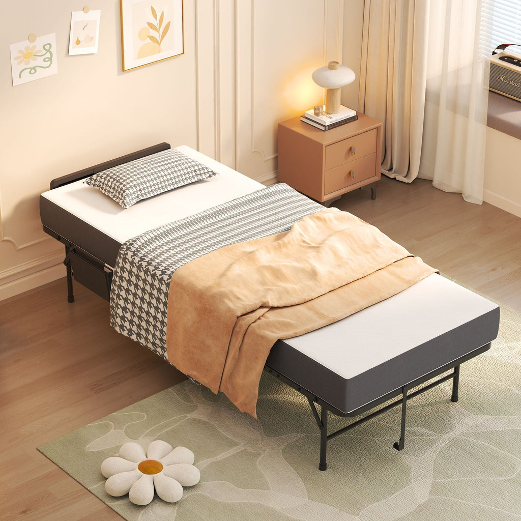 Twin Folding Bed with Adjustable Headboard & Memory Foam - Black