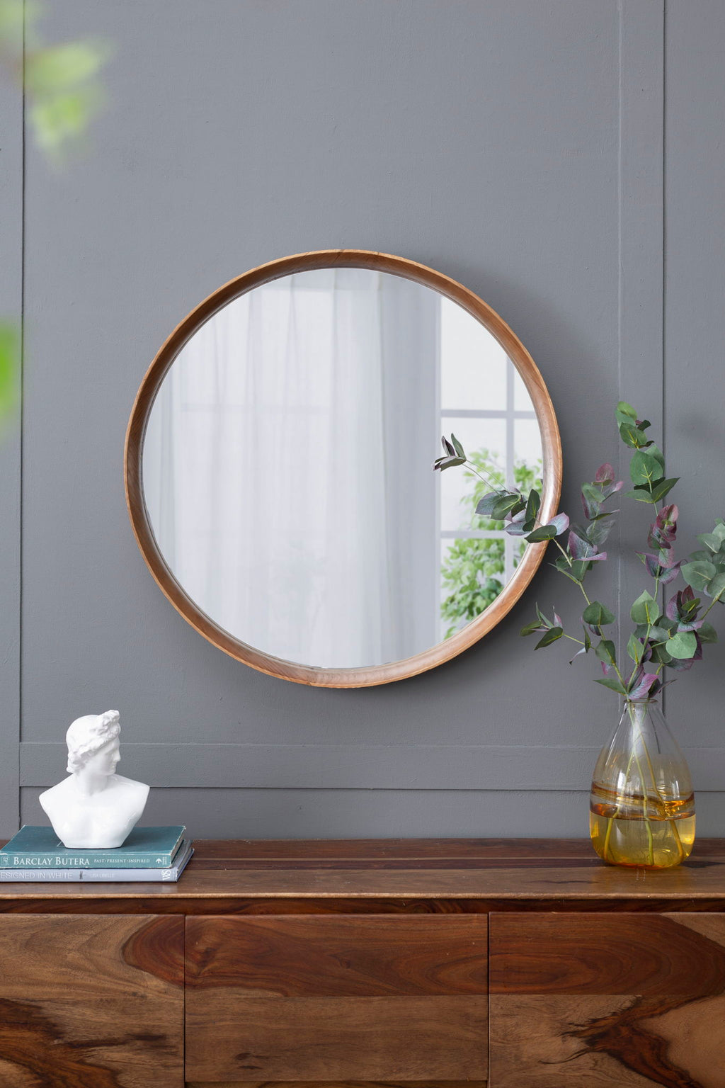 Round Wood Wall Mirror with Durable Fir Frame - Light Brown