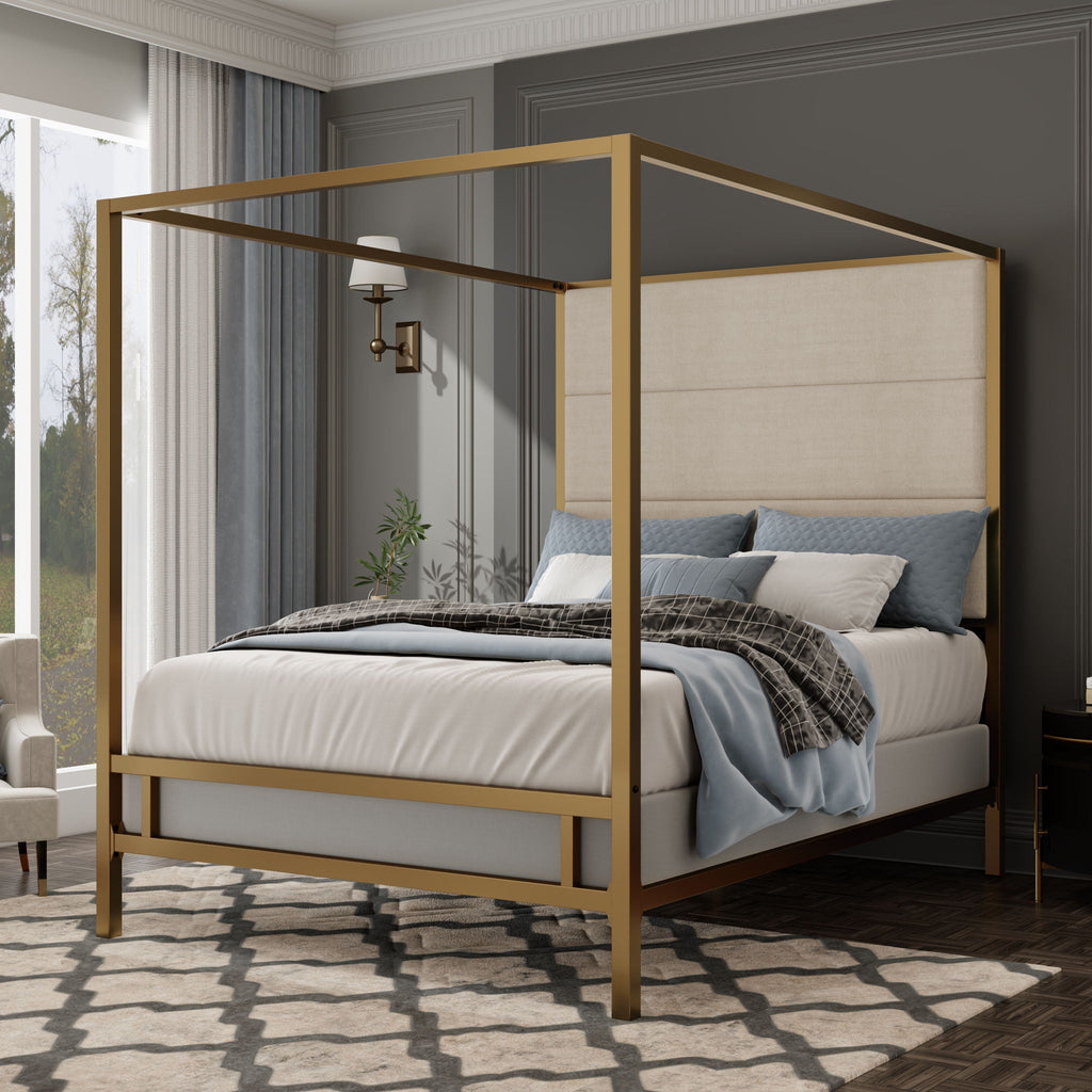 Canopy Bed With Tall Upholstered Headboard - 4 Poster Frame - Gold or Black