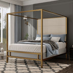 Canopy Bed With Tall Upholstered Headboard - 4 Poster Frame - Gold or Black