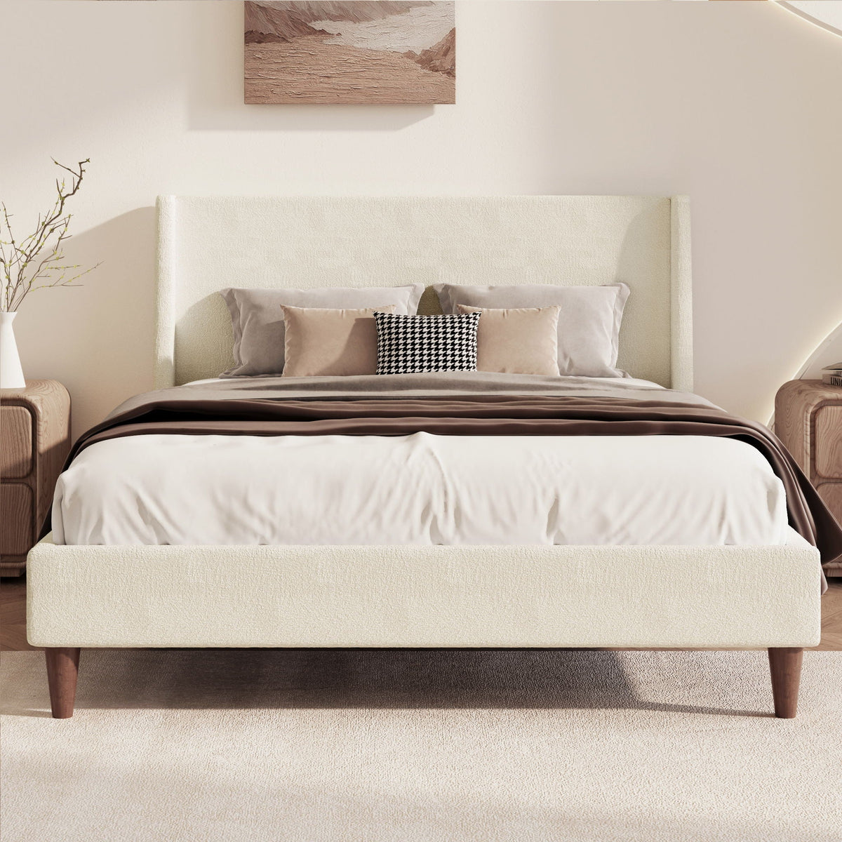 Upholstered Modern Platform Bed with Wingback Headboard - Beige or White
