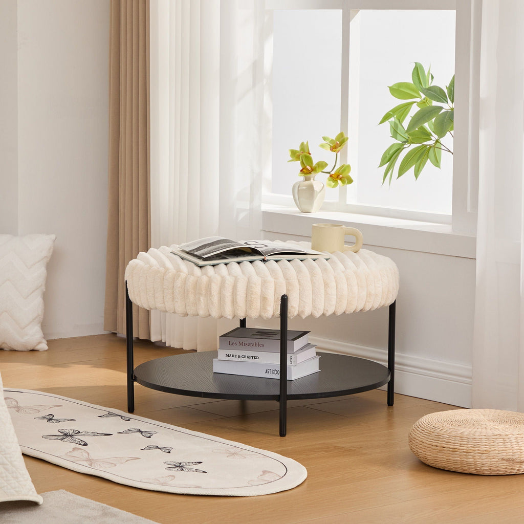 Modern Upholstered Round Ottoman Coffee Table with Storage Shelf - Fabric