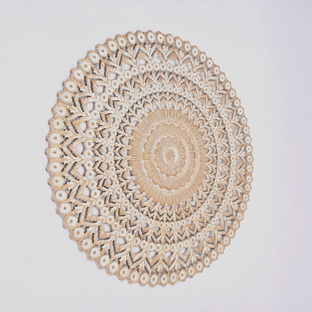 Floral Hand Carved Mandala Round Wall Decor with Intricate Carving - Brown / Antique White