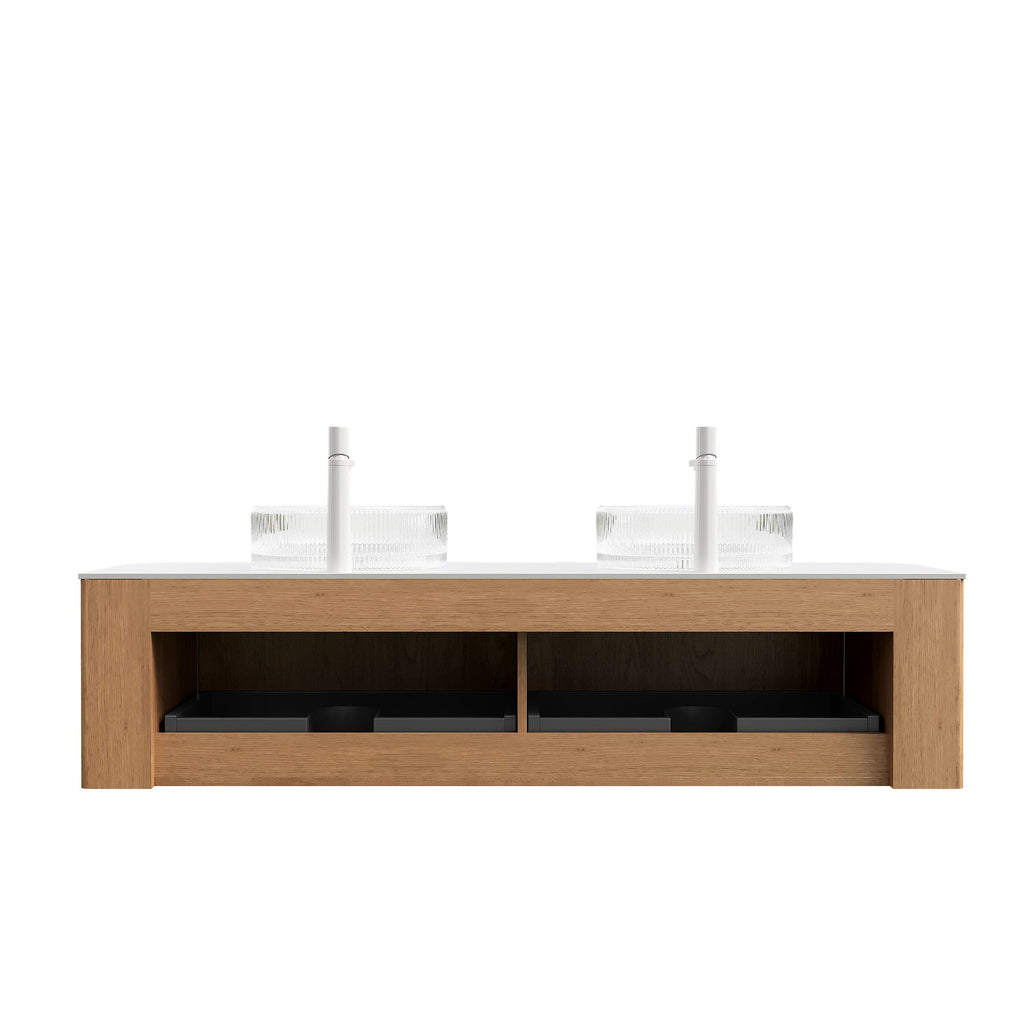 Floating Curved Edge Bathroom Vanity with Glass Basins - 60 Inch