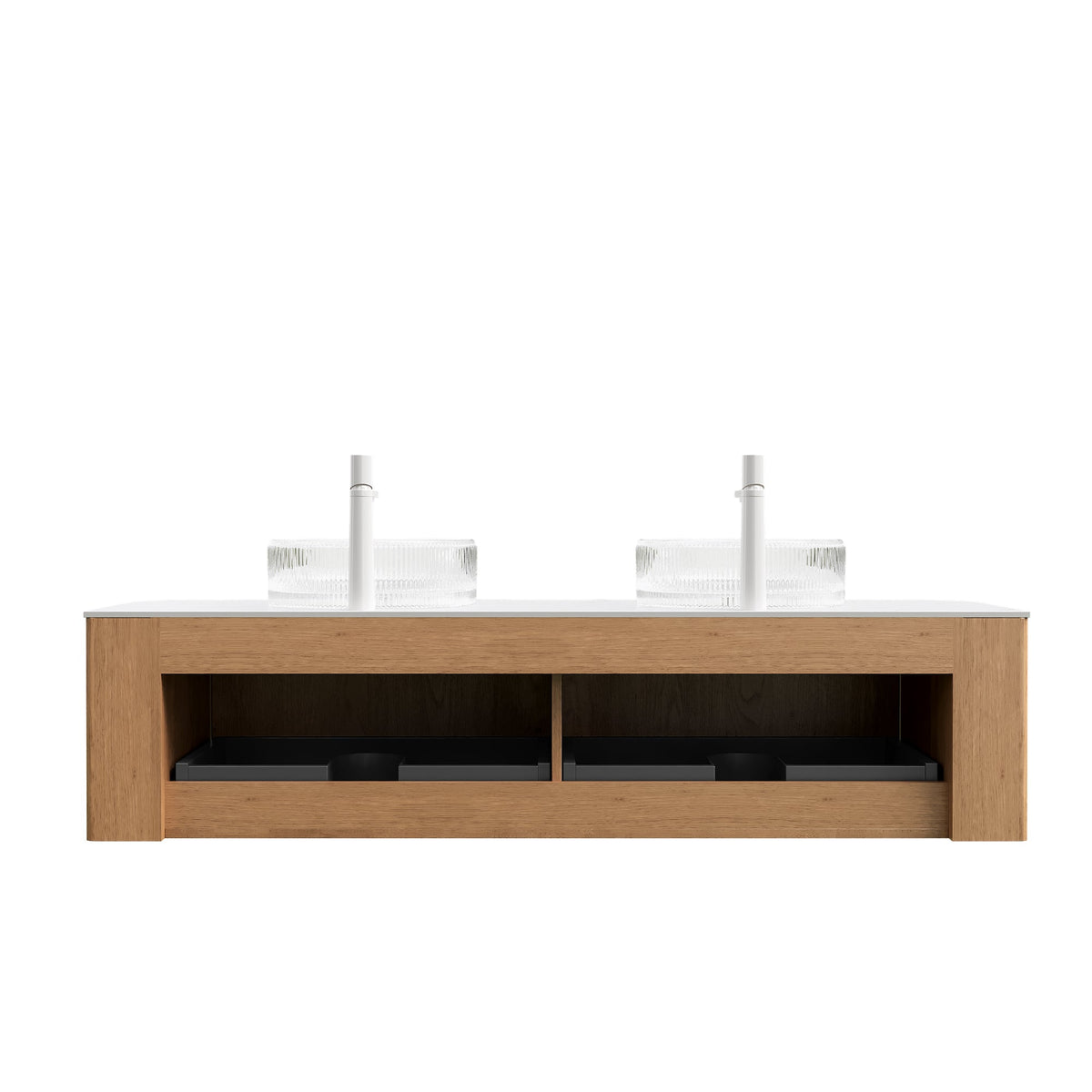 Floating Curved Edge Bathroom Vanity with Glass Basins - 60 Inch