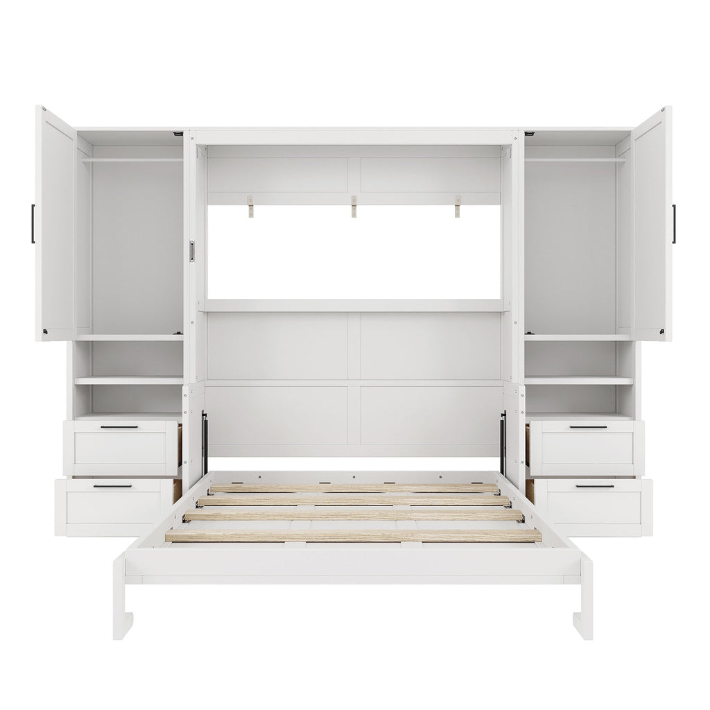 Queen Size Murphy Bed with Closet, Drawers and Shelves - White