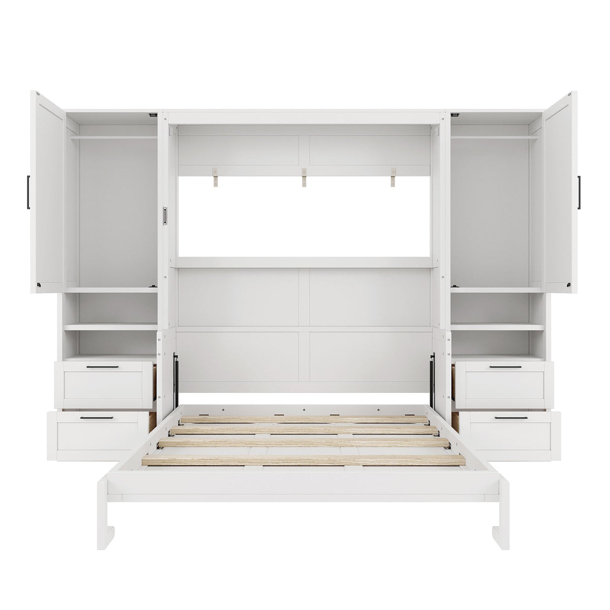 Queen Size Murphy Bed with Closet, Drawers and Shelves - White