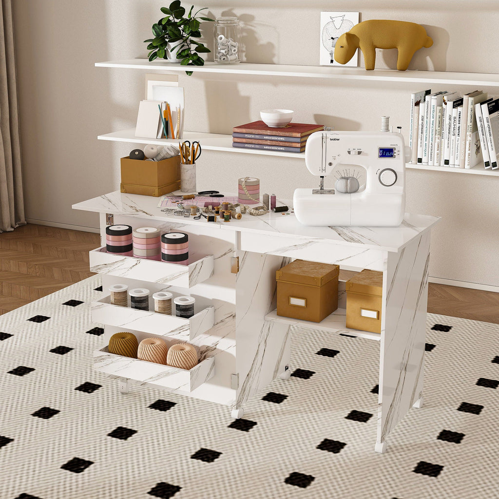 White Folding Sewing Table with Lockable Wheels - 4-in-1 Multi Functional Craft Station