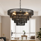 Rustic 5-Tier Hemp Rope Chandelier with 8 Lights - Black