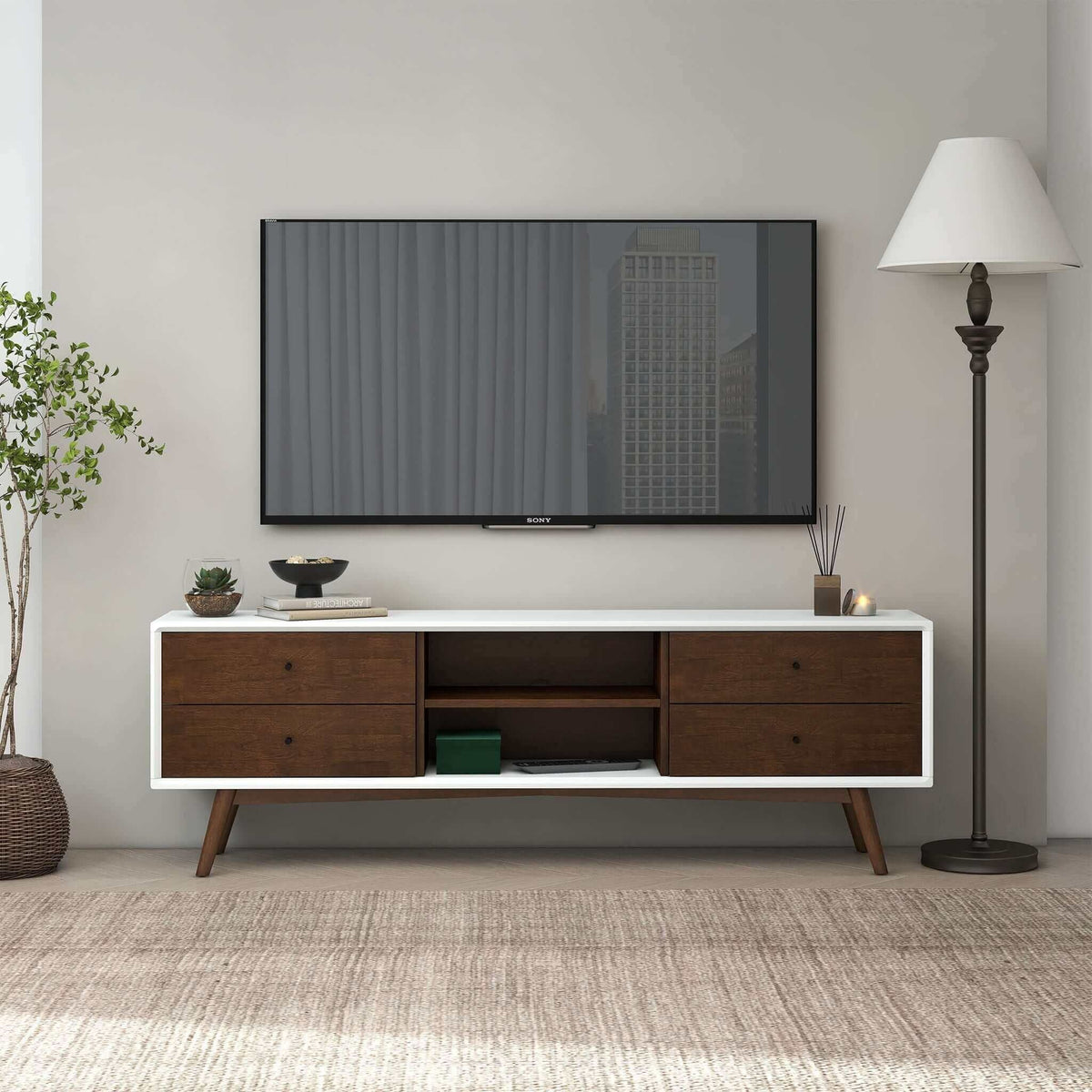Modern TV Stand Up To 72" with Solid Wood Construction - White or Dark Brown