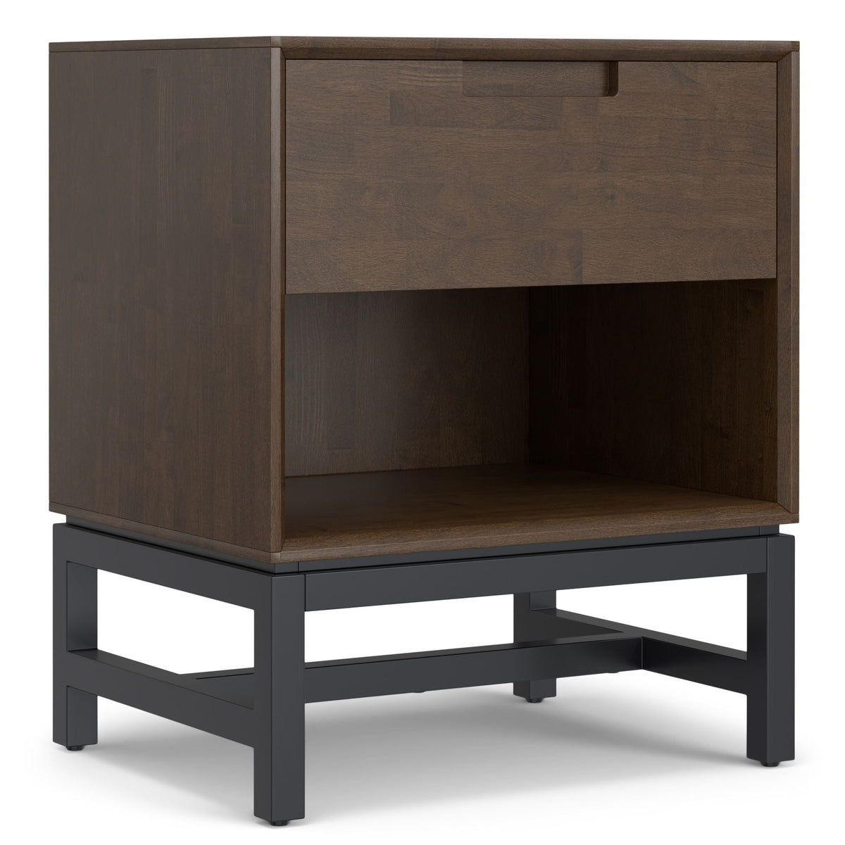 Walnut Brown Nightstand with Drawer and Open Storage - Solid Rubberwood