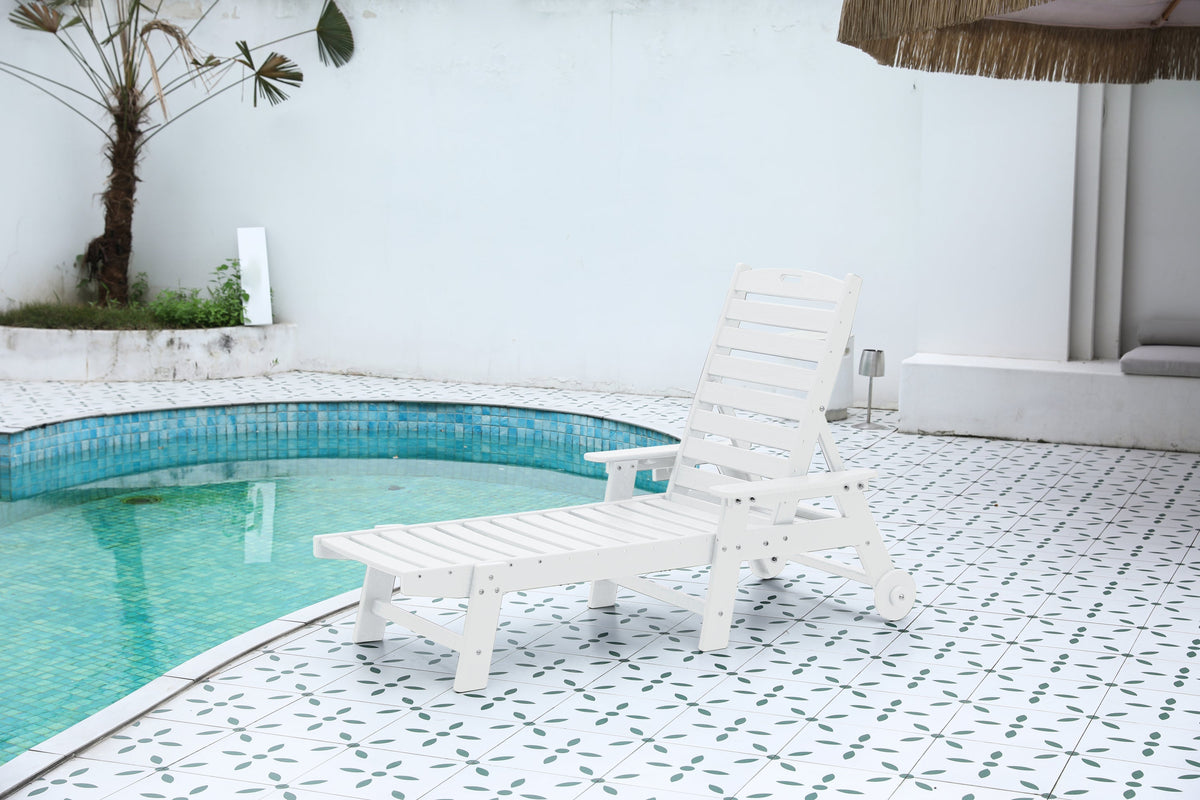 HDPE Outdoor Chaise Lounge Chair with Adjustable Backrest - Wood Texture