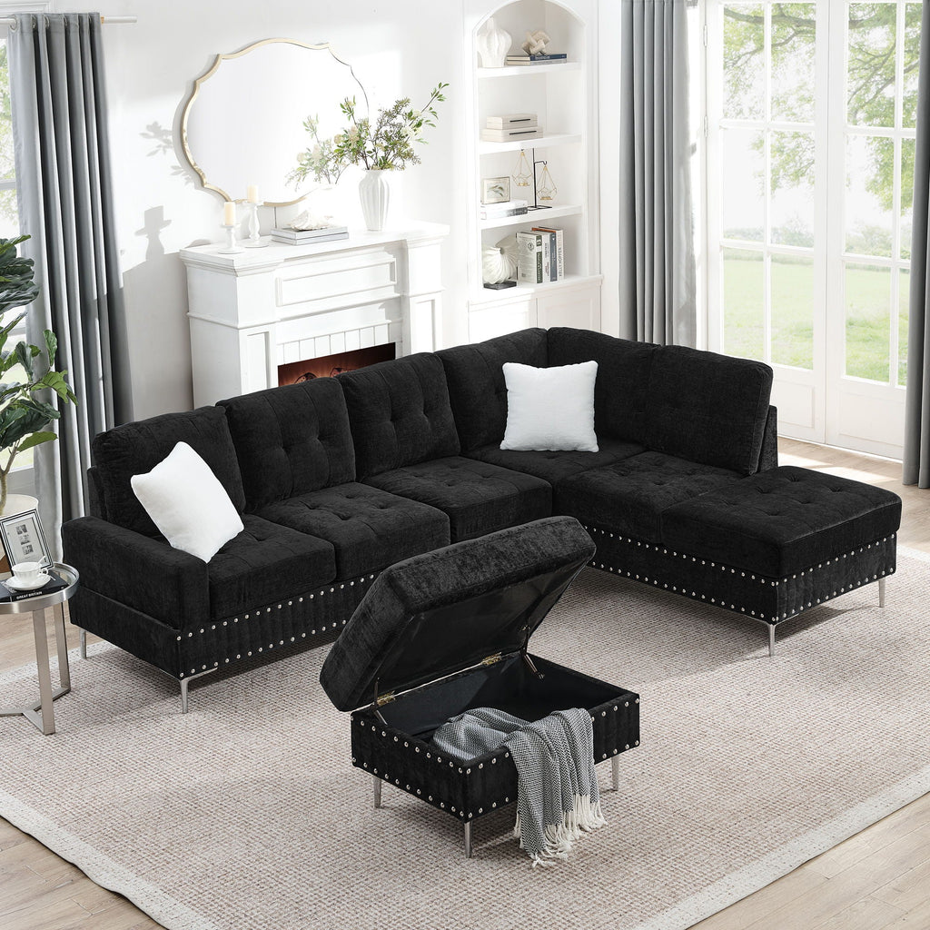 L-Shaped Sectional Sofa with Chaise and Storage Ottoman - Blue or Black