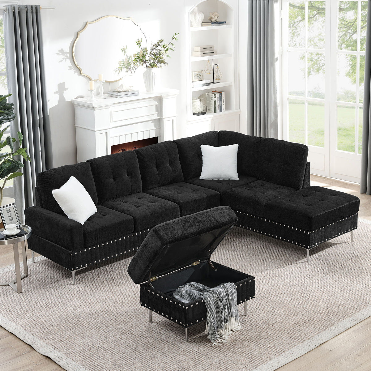 L-Shaped Sectional Sofa with Chaise and Storage Ottoman - Blue or Black