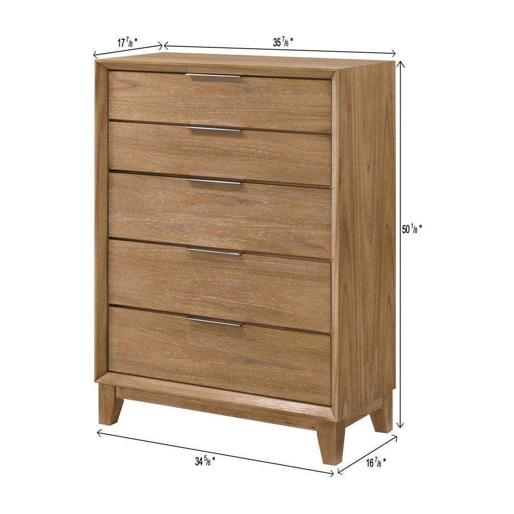 Natural Wood 5 Drawer Tall Accent Chest with Ample Storage - Light Brown