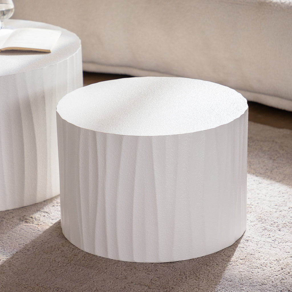 Nesting Coffee Table Set of 2 Round Wooden Tables with Handcrafted Relief - Wood Finish